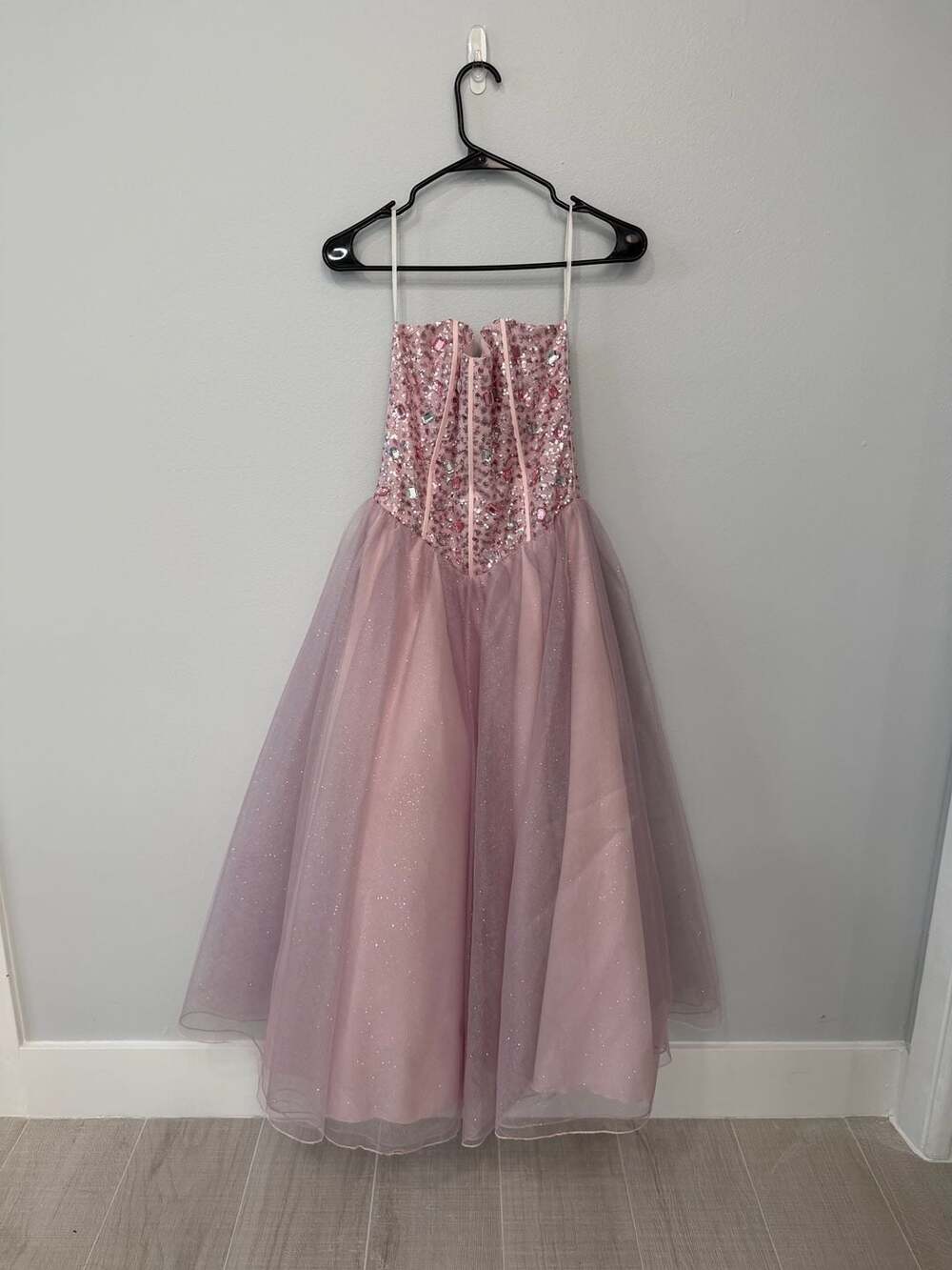 C.W. Designs Pink Sequin and Rhinestone Embellished Tulle Prom Gown